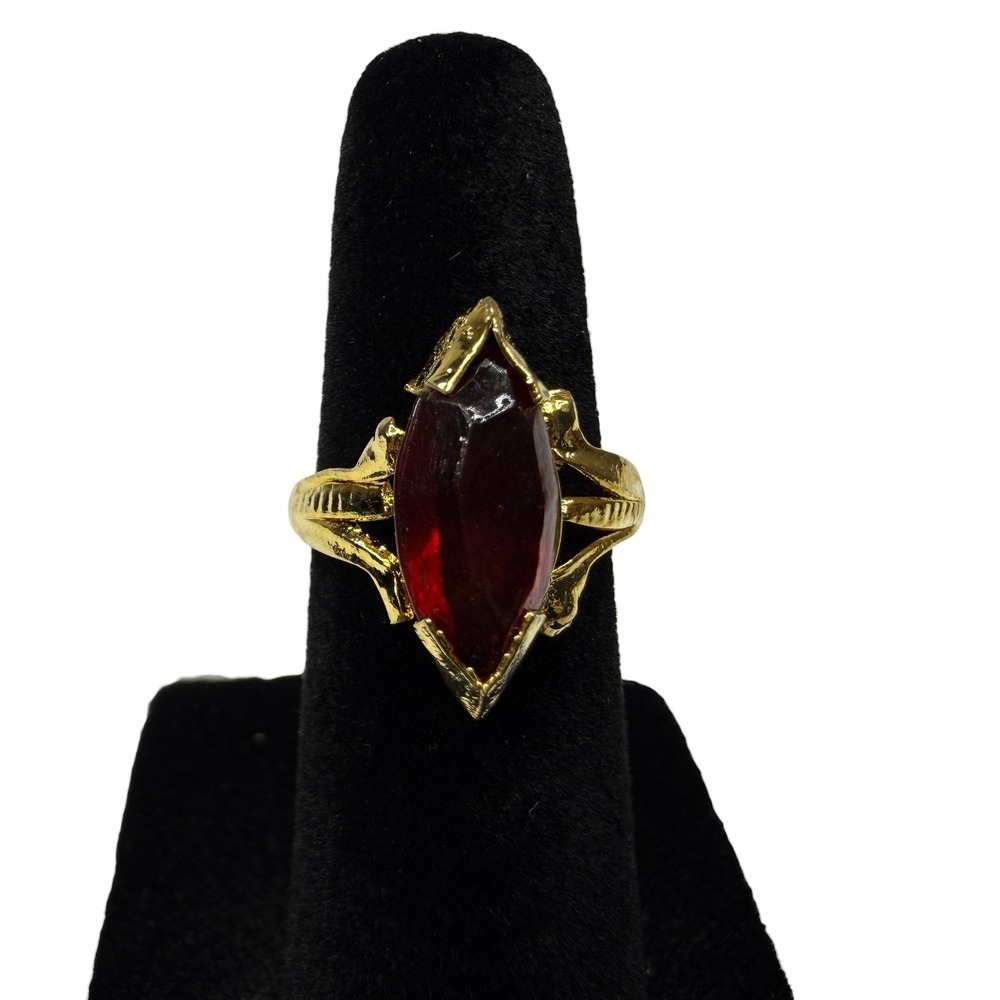 Vintage Style Gold Tone Red Marquise Stone Cocktail Fashion Ring Size 3.5